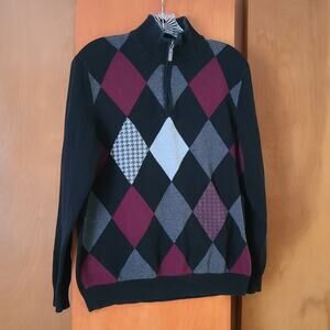 Mens Club Room Pima Argyle Quarter Zip Sweater Medium Preppy